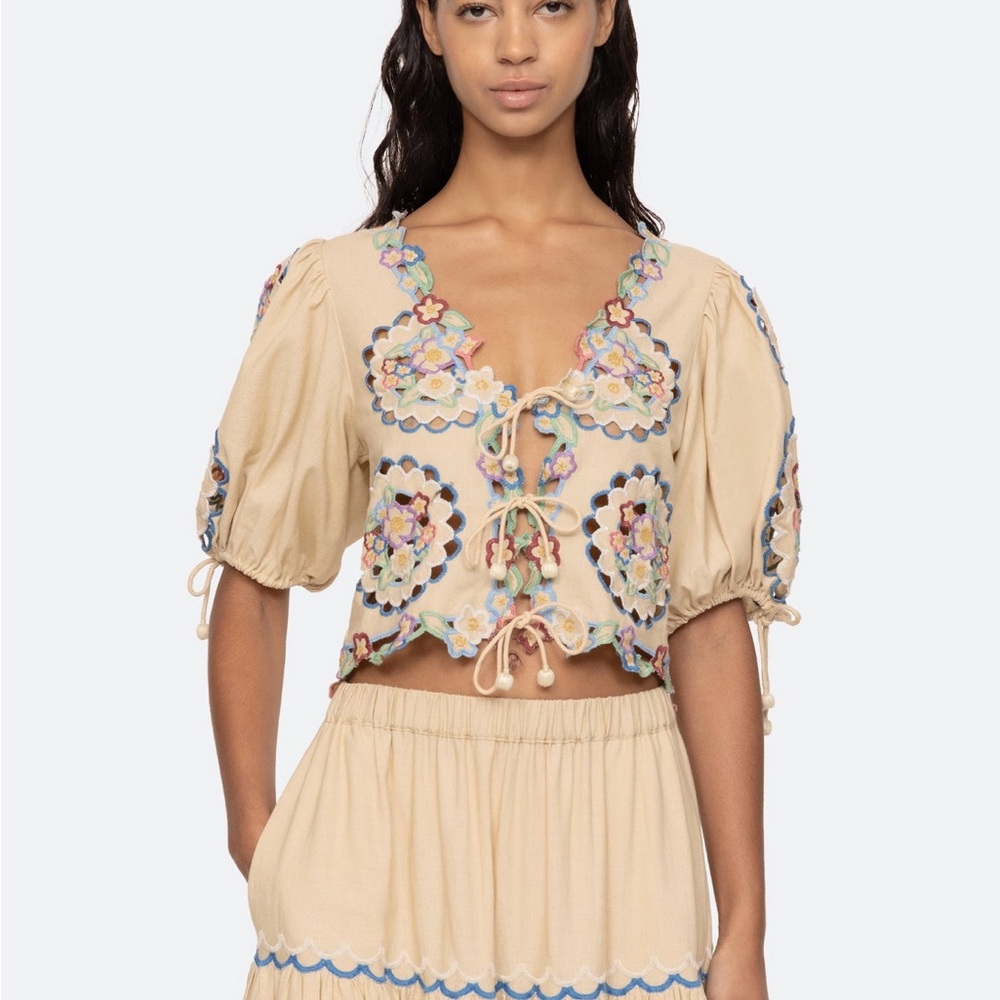 Sea New York Melinda M Cream Puff Sleeve Embellished Crop Blouse sold out online